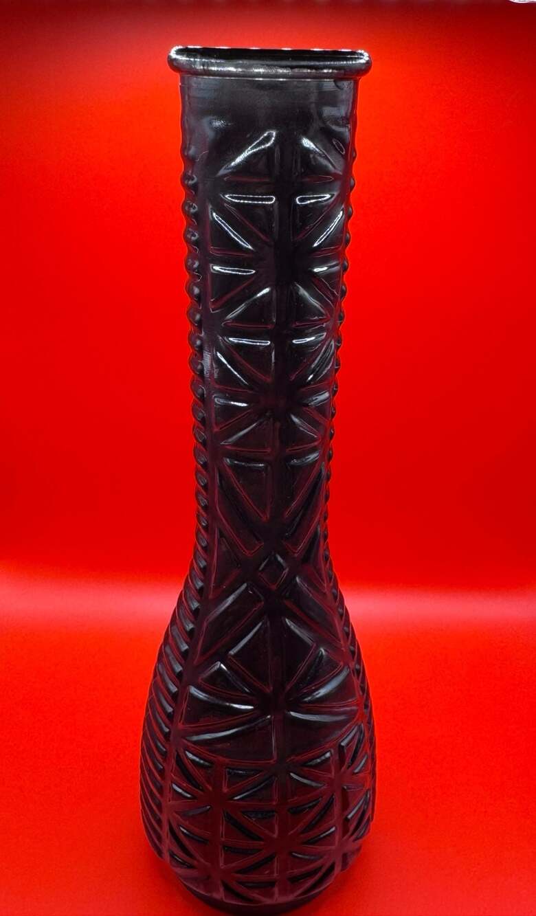 Vintage Israel Black Amethyst Glass Geometric Starburst Vase 9"